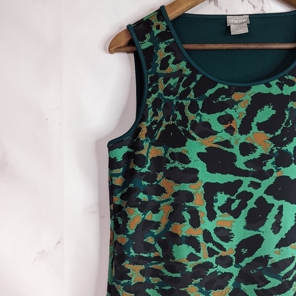 Chicos Leopard Print Dress Green Tank Size 0 Small 4 High Low Hem Animal Midi - Picture 3 of 14